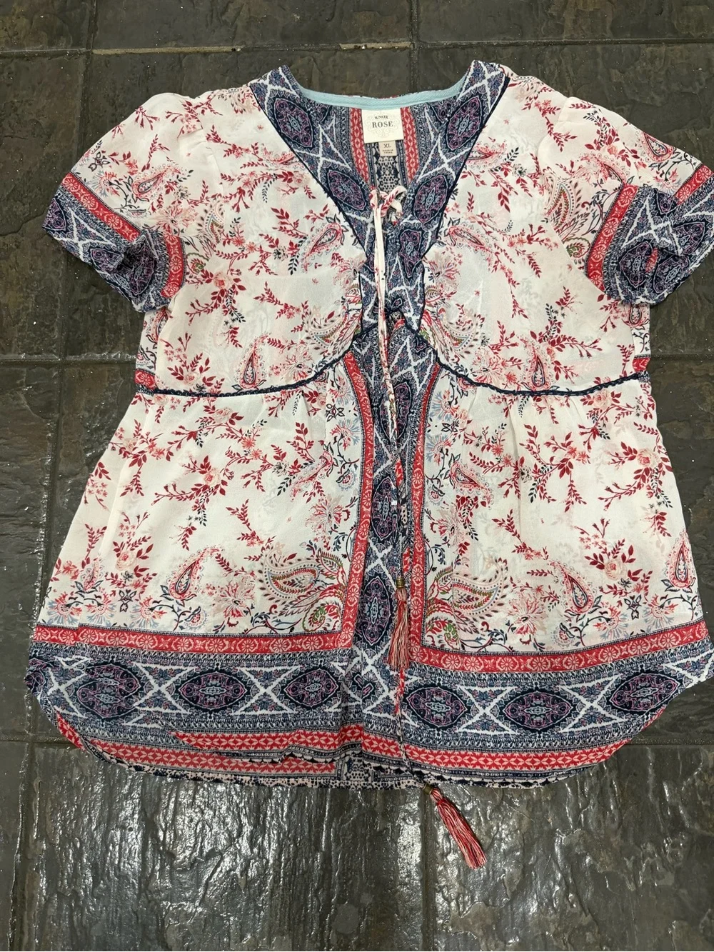 Knox Rose XL Boho Paisley Floral Tunic Blouse Red Navy Peasant Top Tassel Tie